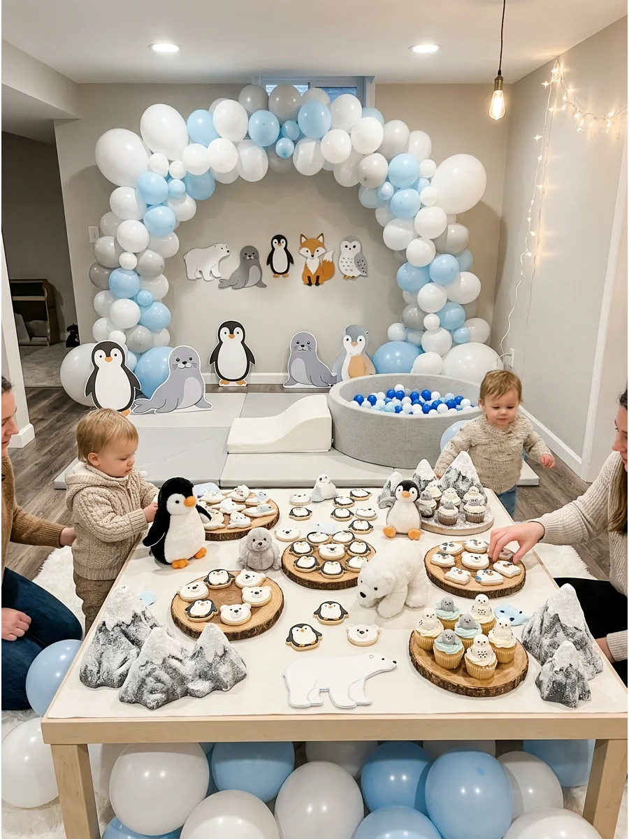 Arctic animal decorations and blue balloons in a basement.