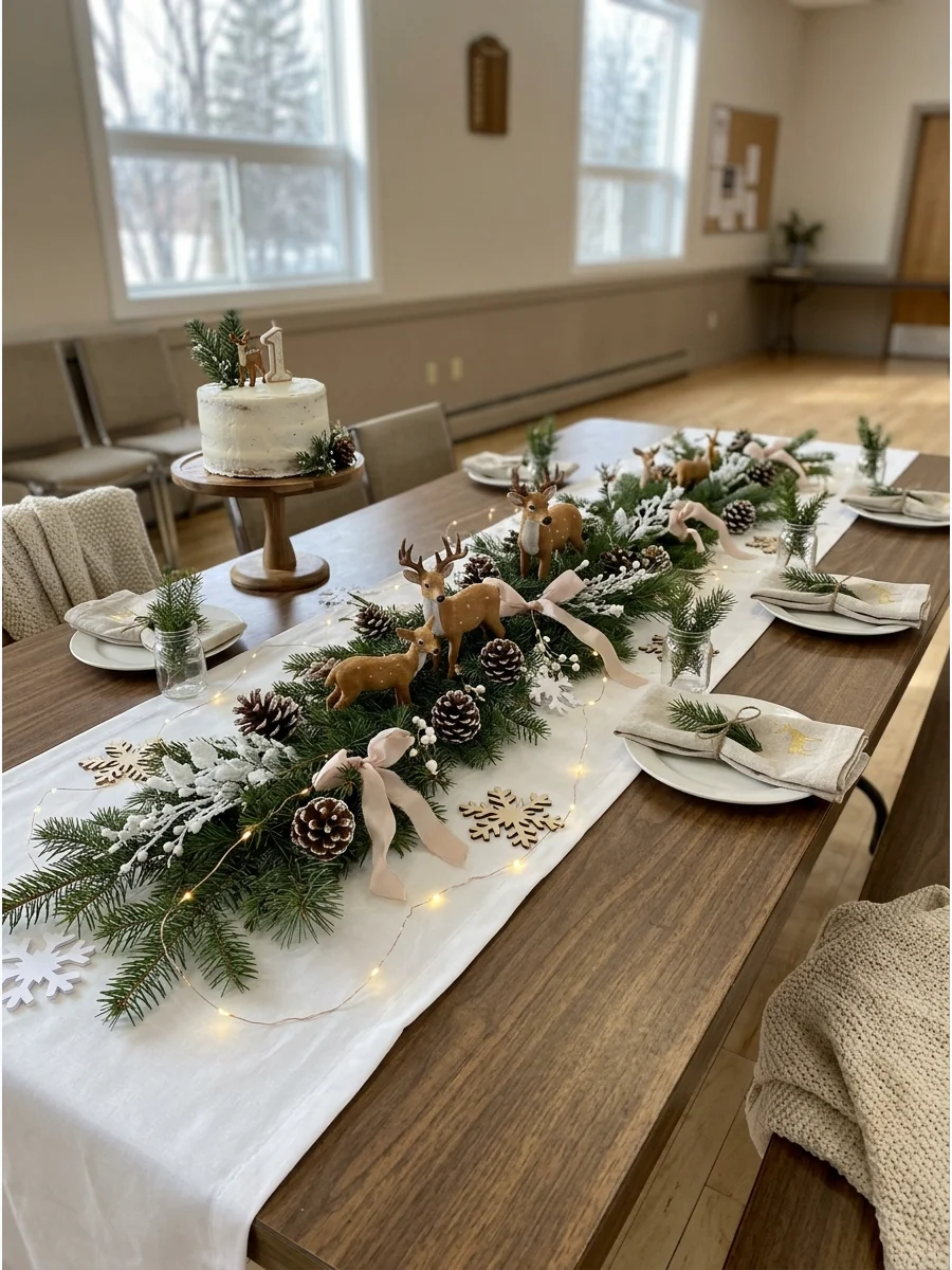 Deer figurines and evergreen branches on a white table.