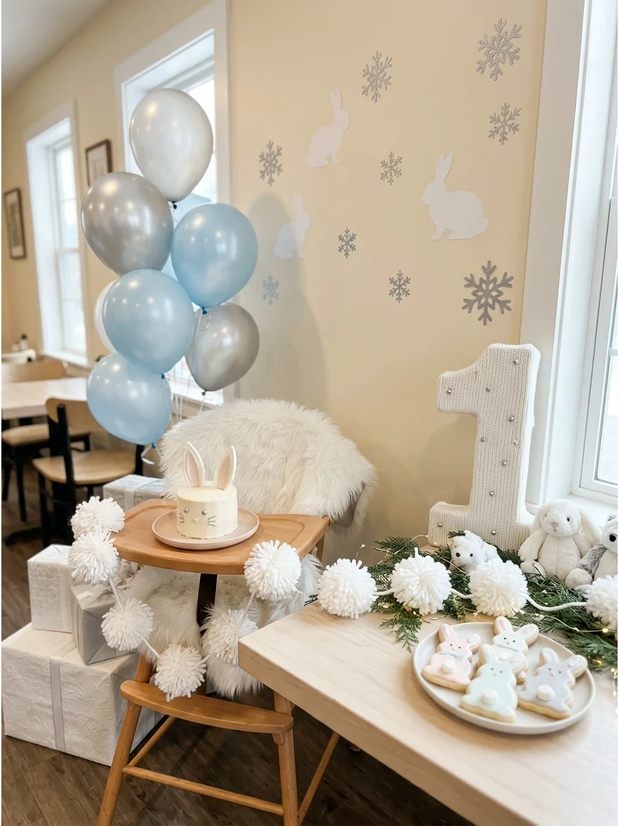 White bunny wall decor and silver balloons in a cafe.