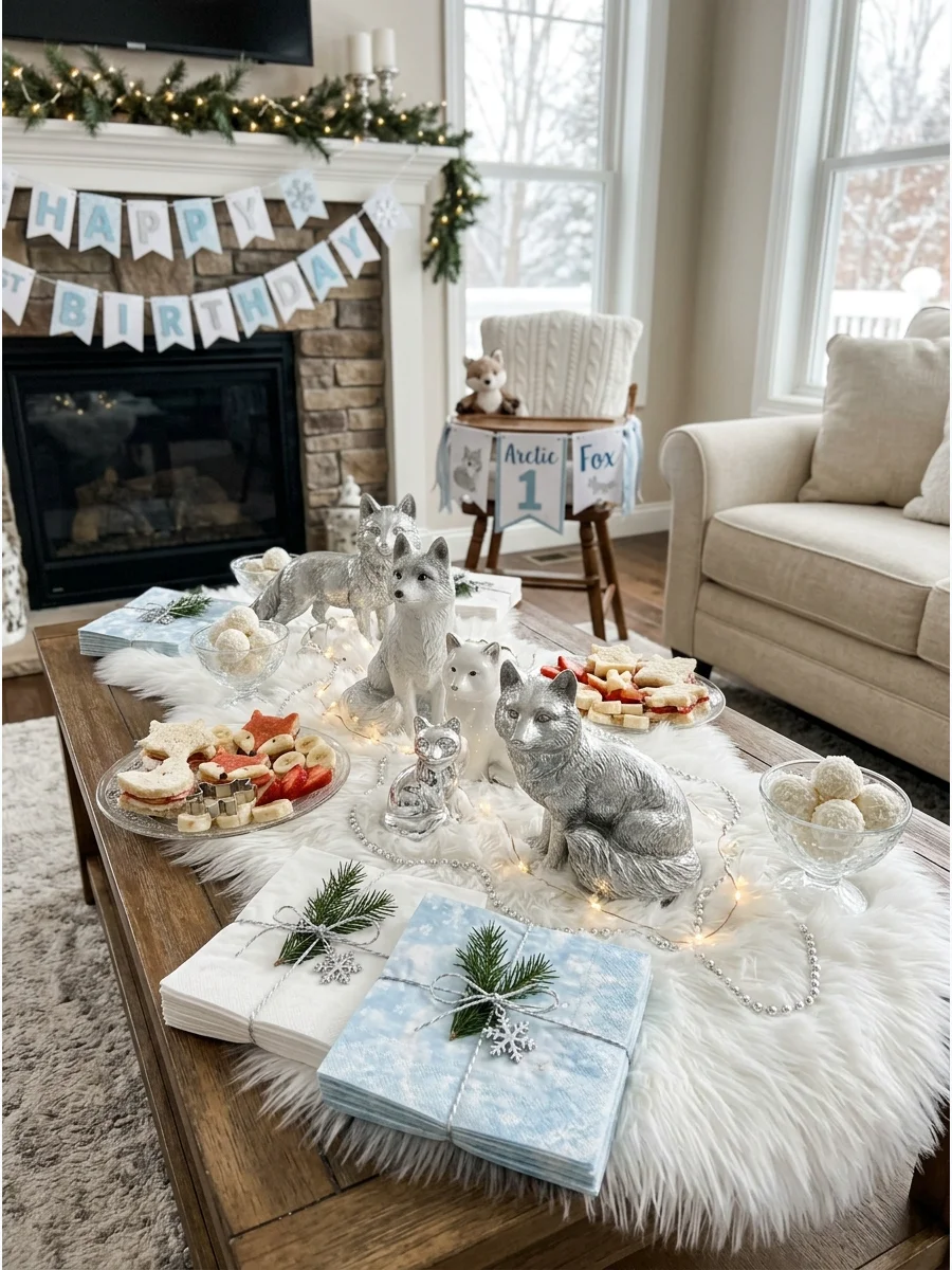 Arctic fox figurines on a faux fur table runner.