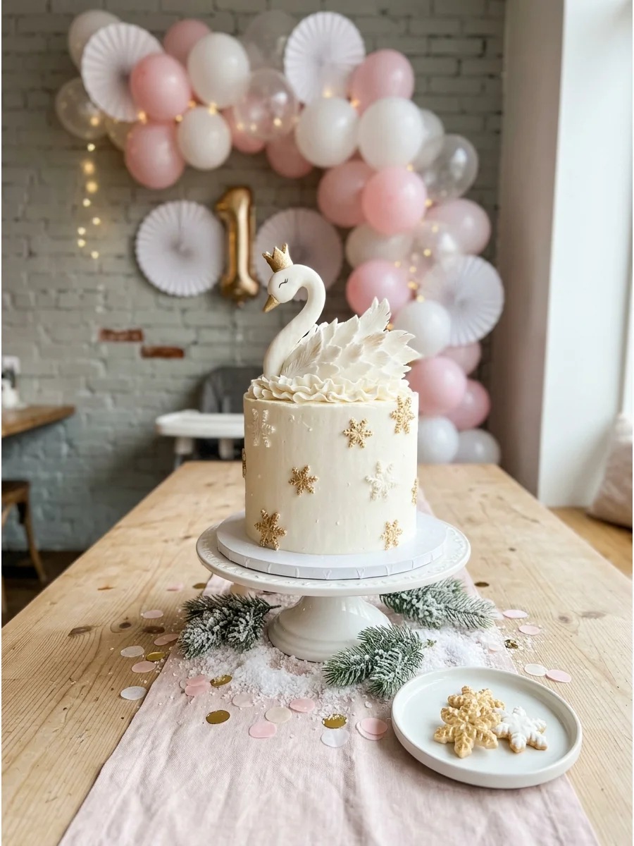 Swan-themed birthday cake with a gold crown.
