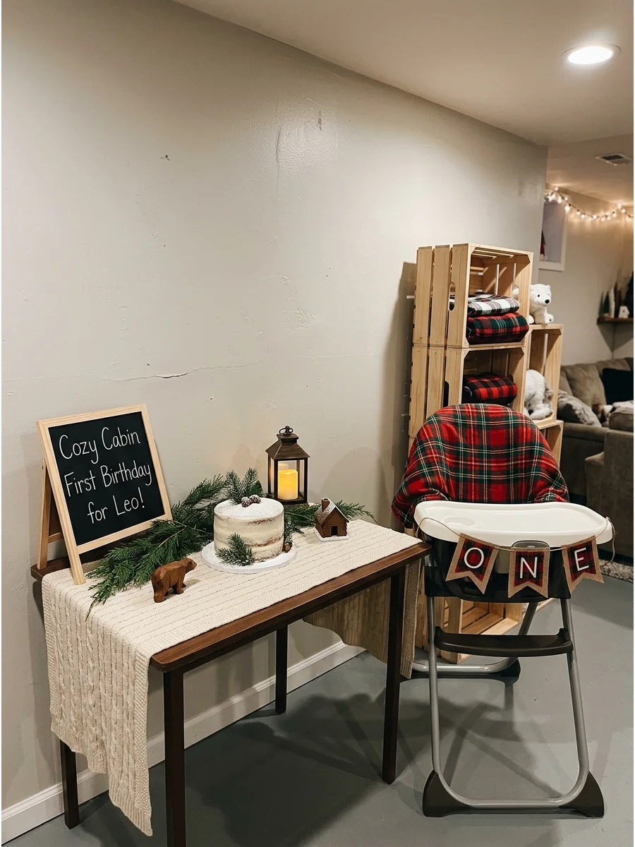 Wooden crates and plaid decorations in a basement.