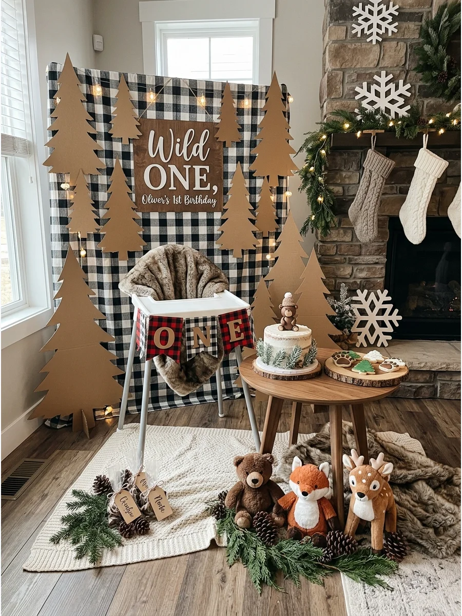 Buffalo plaid backdrop with pine tree silhouettes.