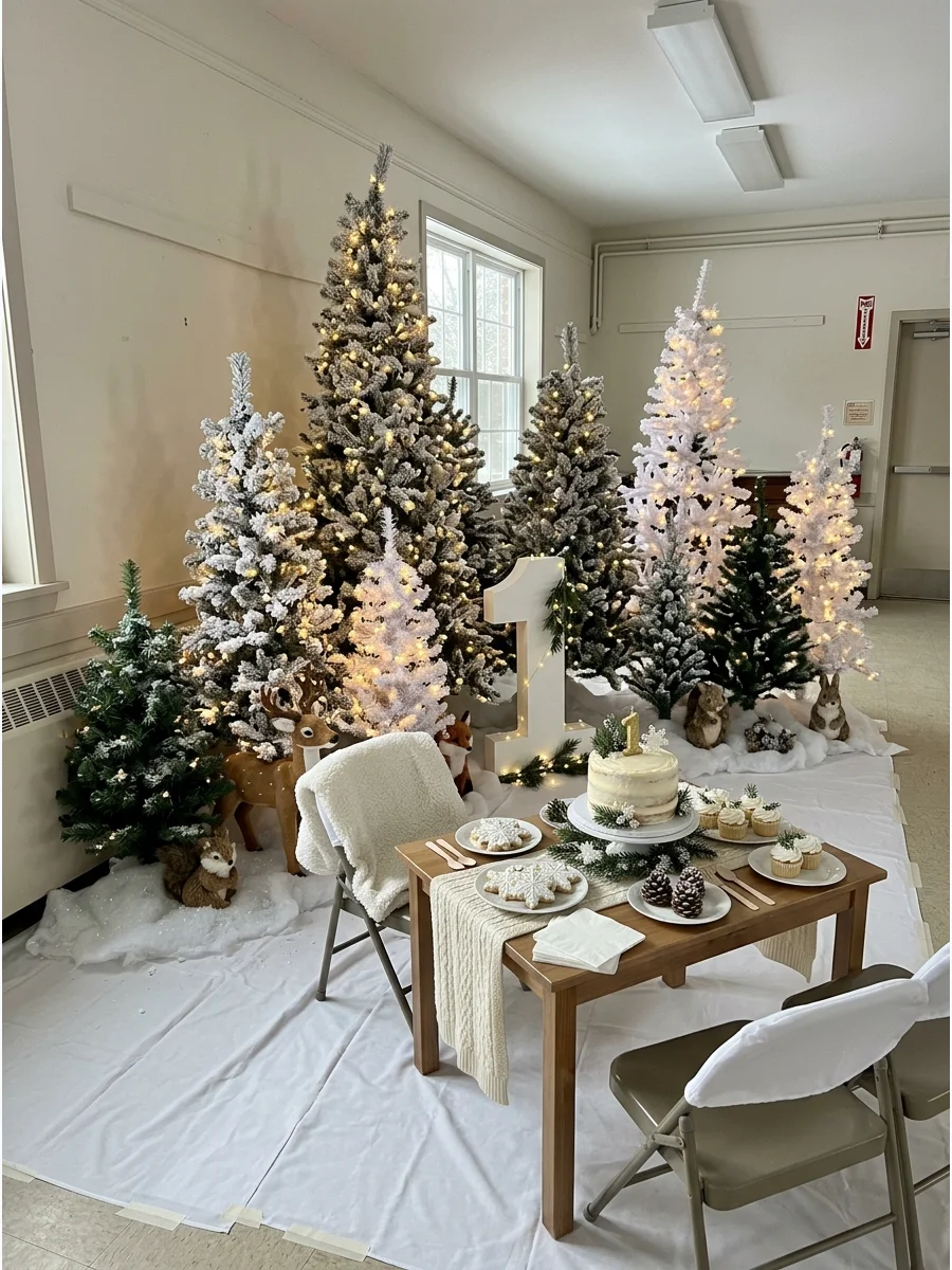 White frosted trees and fairy lights in a hall.