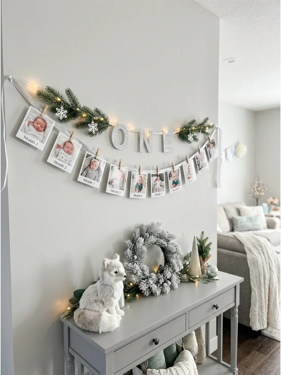 A photo garland showing 12 months of a baby's growth on a silver ribbon.