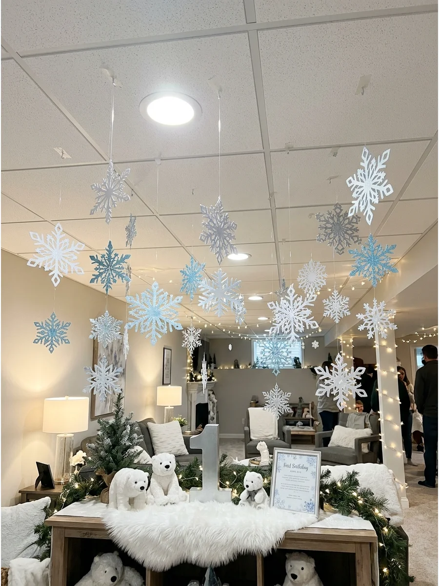 White paper snowflakes hanging from a ceiling at different heights.