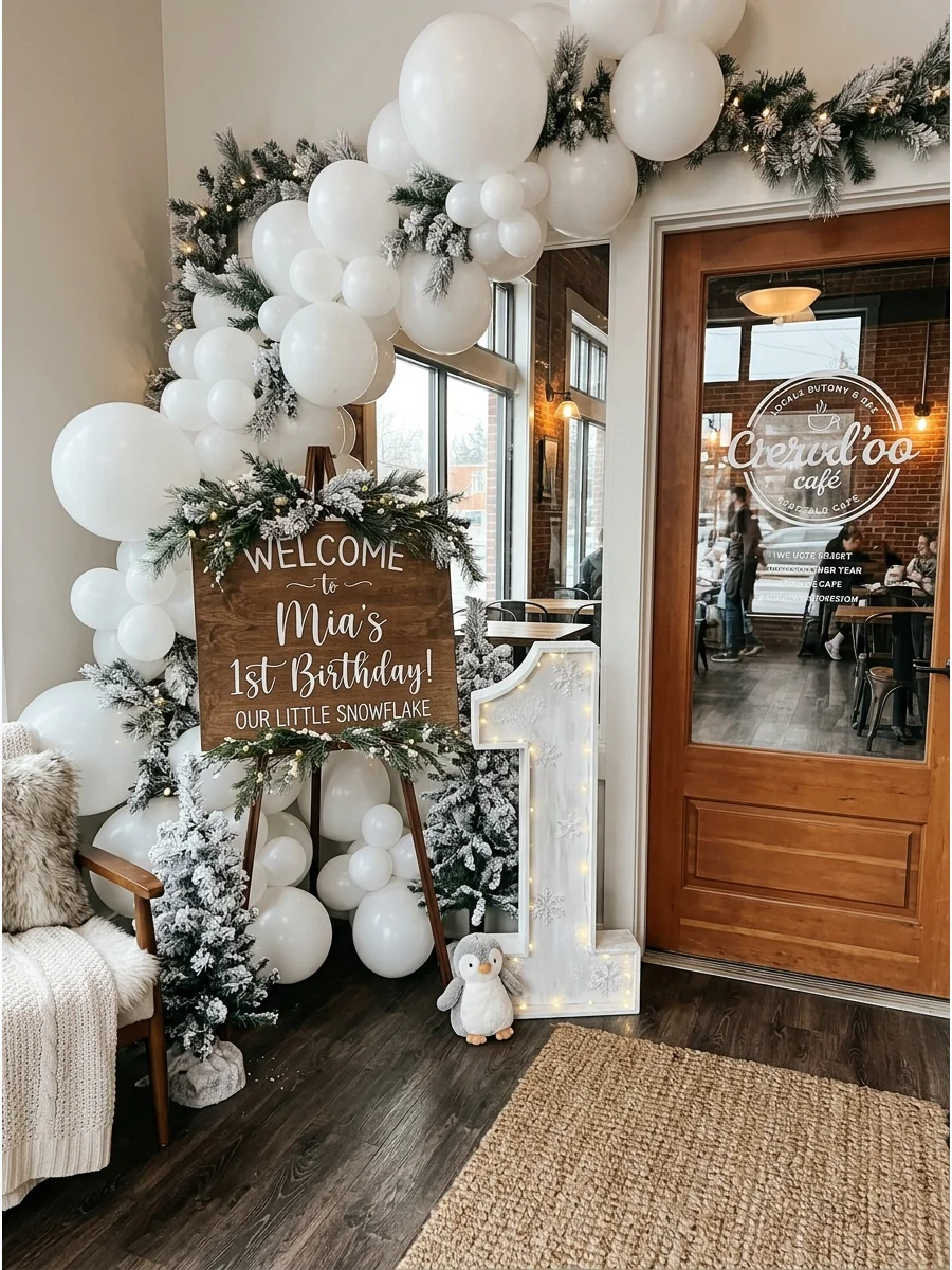 A winter-themed entryway display with a welcome sign and white balloons.