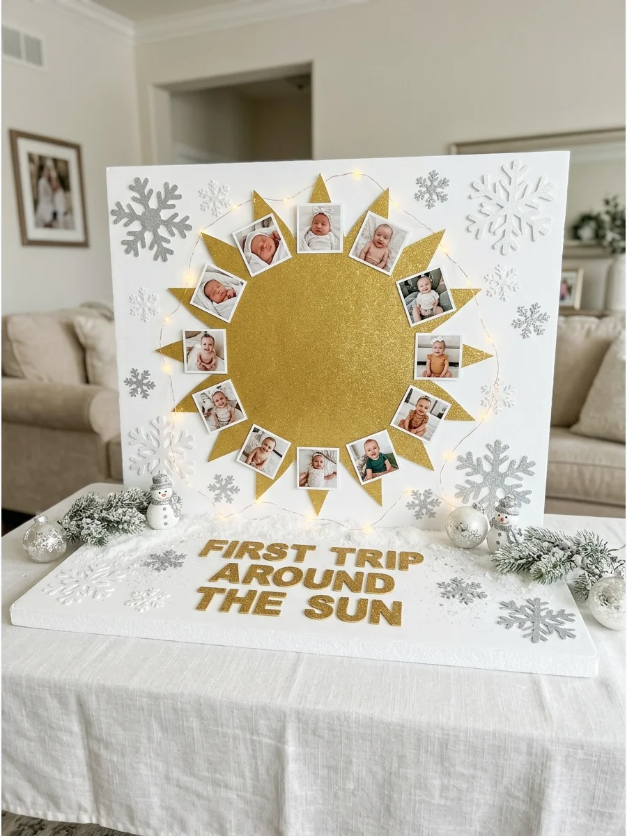 A first trip around the sun display with a winter color palette.