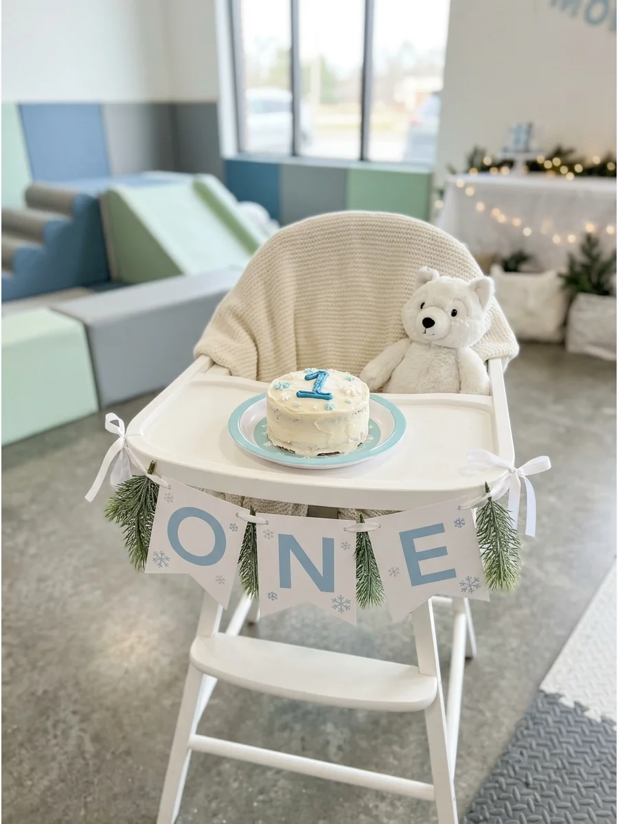 A baby's high chair decorated with a winter-themed ONE banner.