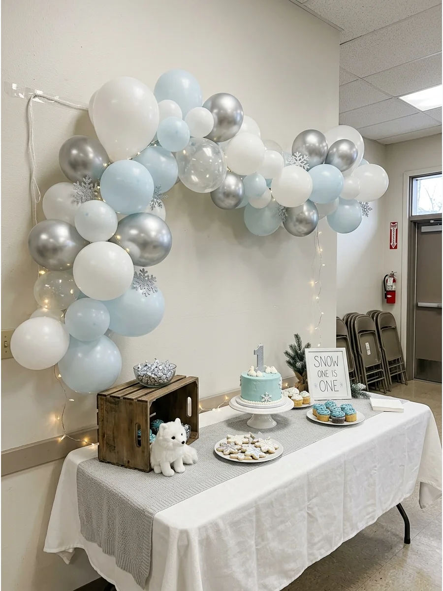 A white balloon garland designed to look like a snowy drift.