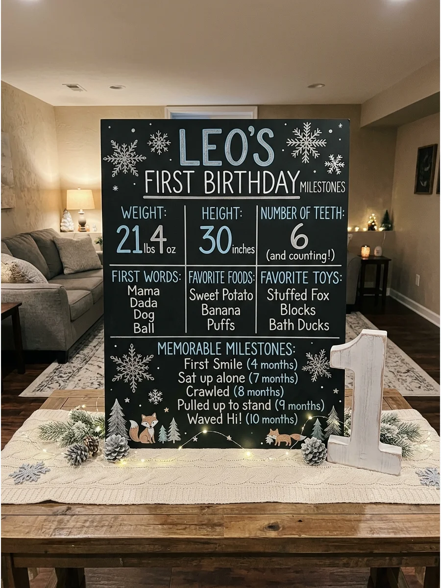 A first birthday milestone board with baby stats and winter decorations.