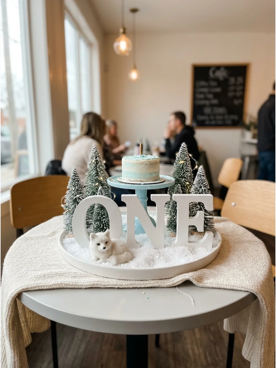 Large white ONE letters on a table with artificial snow and mini trees.