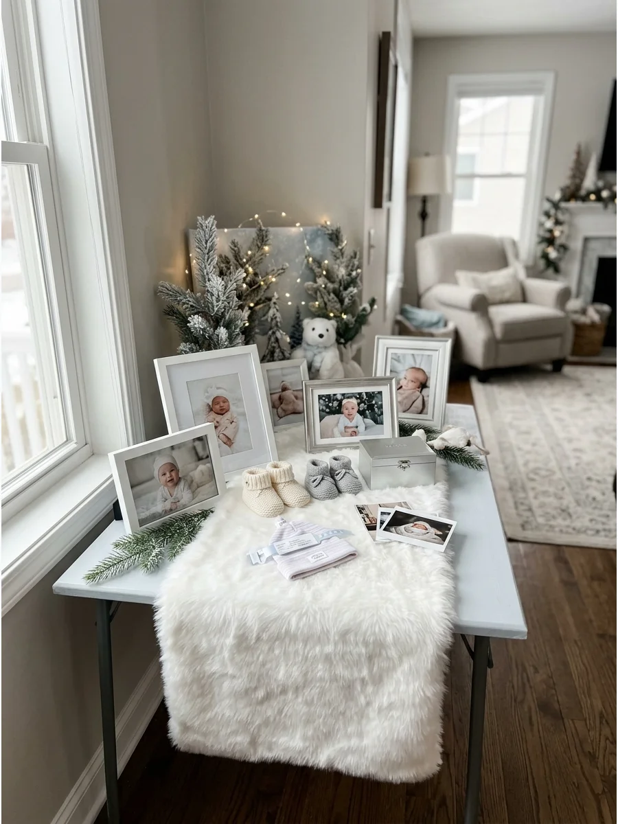 A memory table with baby keepsakes and a white faux fur runner.