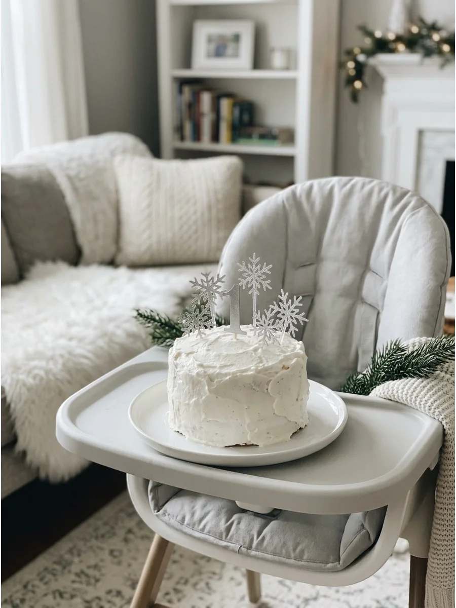 A white first birthday smash cake with silver snowflakes and a number one topper.