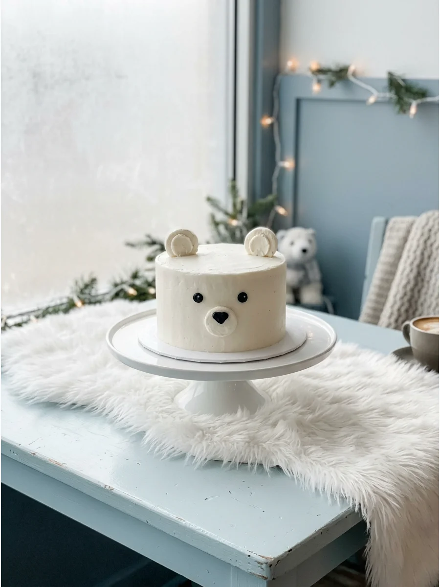 A white cake decorated to look like a polar bear face for a first birthday.