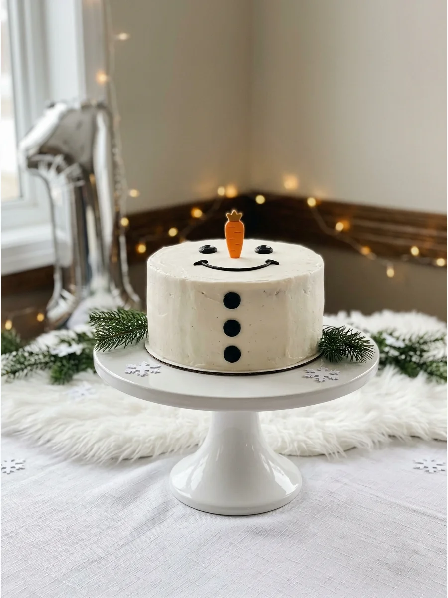 A snowman-themed first birthday cake with a carrot nose and coal eyes.