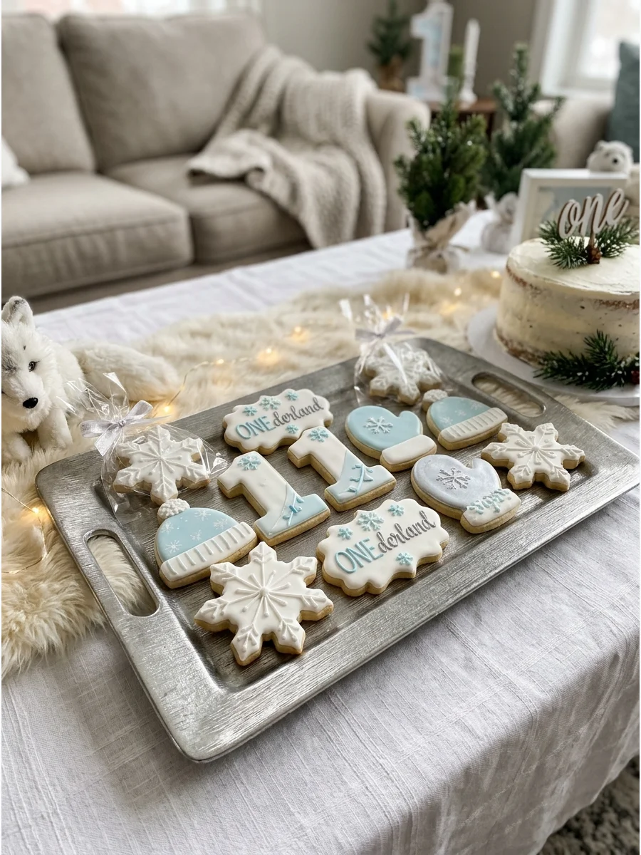 Sugar cookies shaped like snowflakes and the number one in white and blue icing.