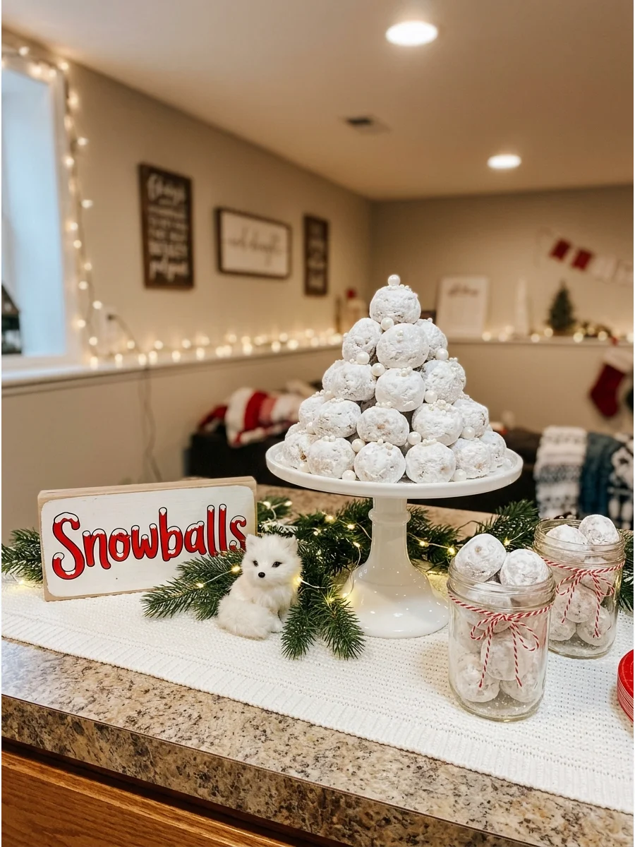 A stack of powdered donut holes arranged to look like a pile of snowballs.