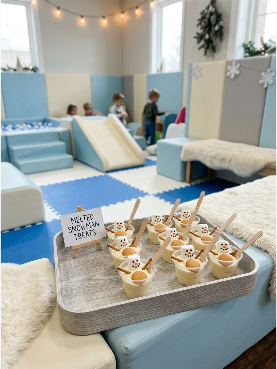 Pudding cups decorated with marshmallows to look like melting snowmen.