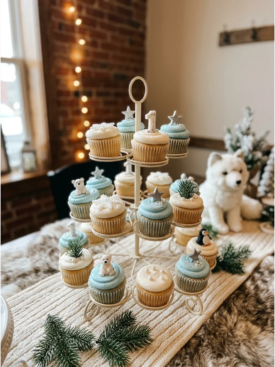 Winter-themed cupcakes with blue and white frosting and silver star toppers.