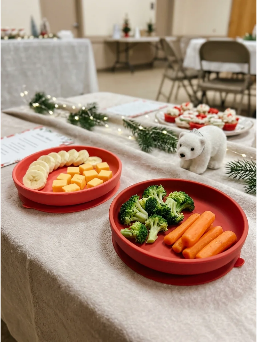 A snack table for toddlers with soft fruit and cheese on colorful silicone plates.