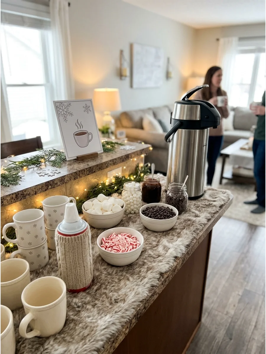 A hot chocolate bar with toppings and a silver thermos on a kitchen counter.