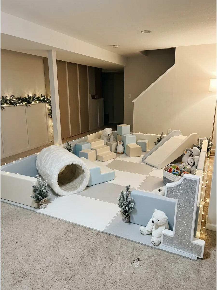 A soft play area for babies with white mats and foam blocks.