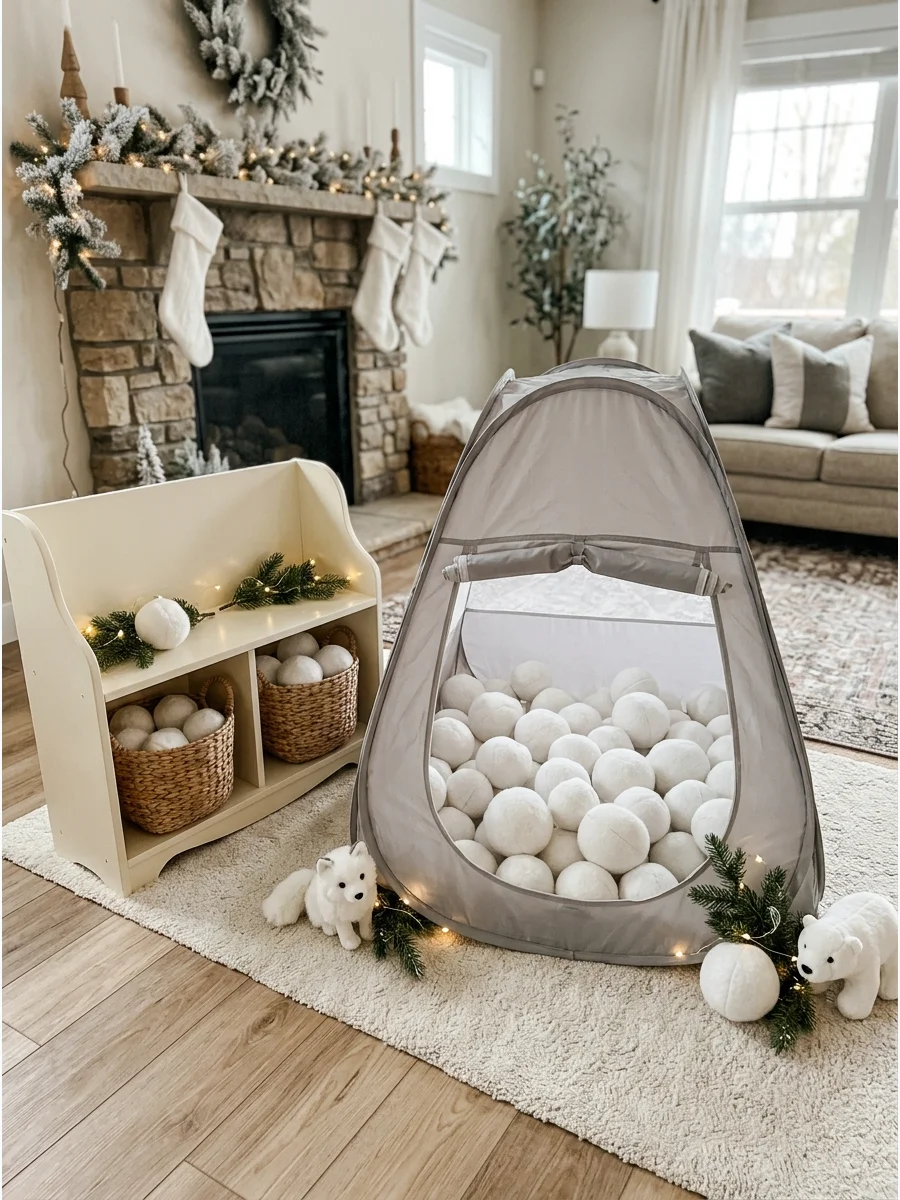 A pop-up tent filled with soft white plush balls for indoor play.