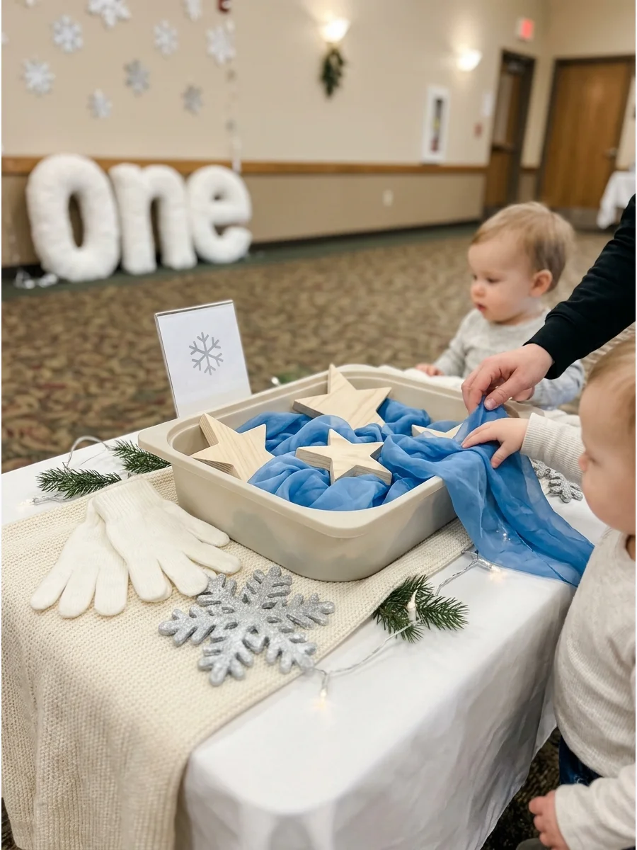 A sensory bin with blue fabric and wooden toys for baby exploration.