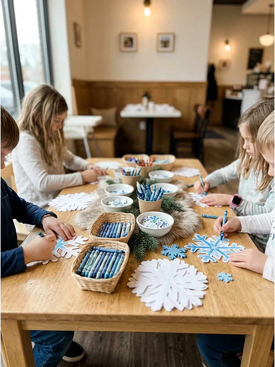 A kids craft table with paper snowflakes and blue crayons.