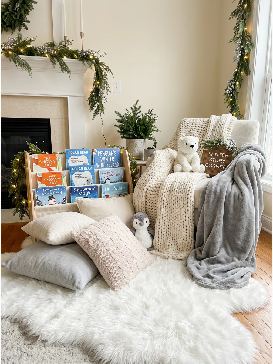 A cozy reading nook with blankets and winter books for children.