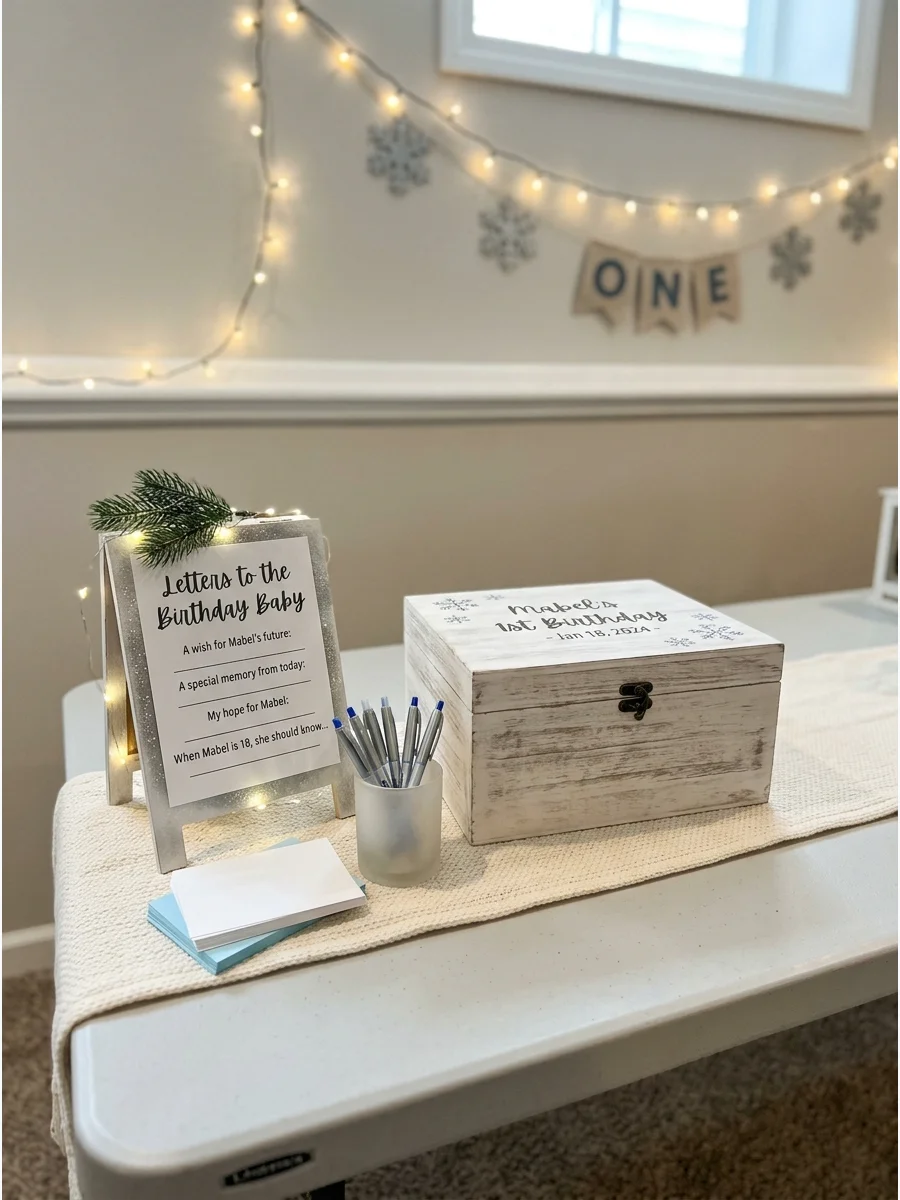 A wooden keepsake box for guest messages at a first birthday.