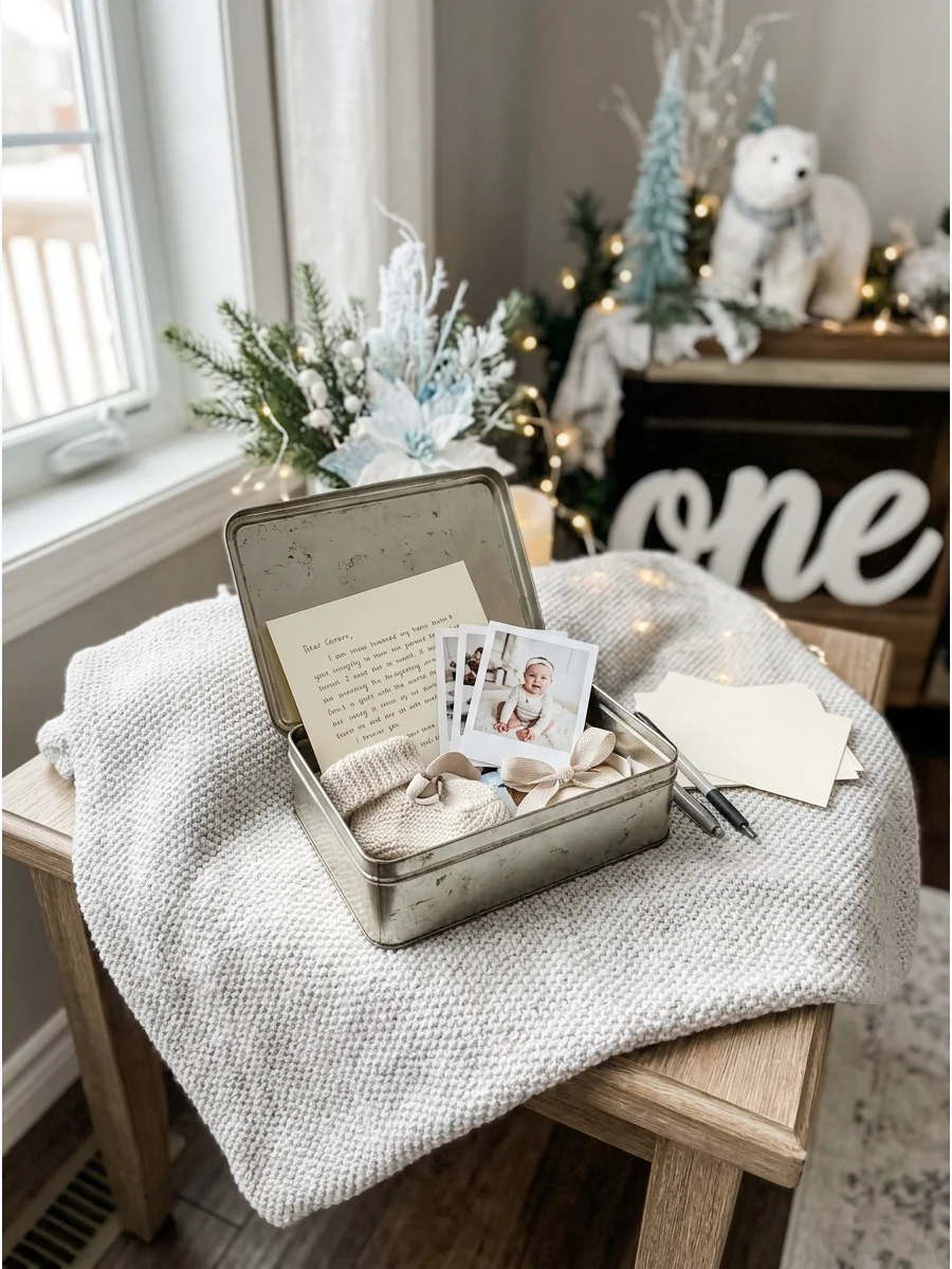 A metal time capsule containing a photo and a letter.
