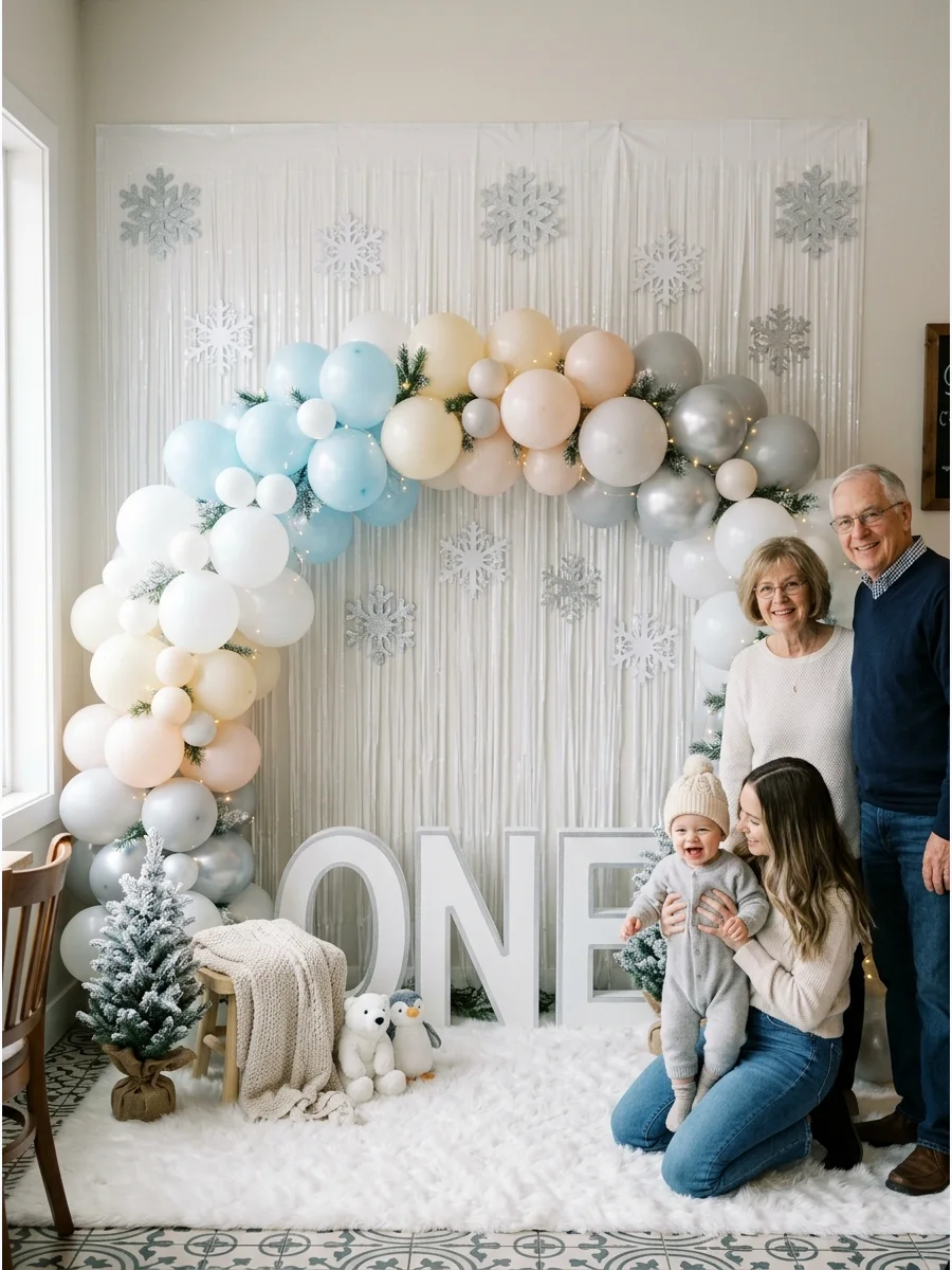 A photo backdrop with a large ONE sign and white tinsel.