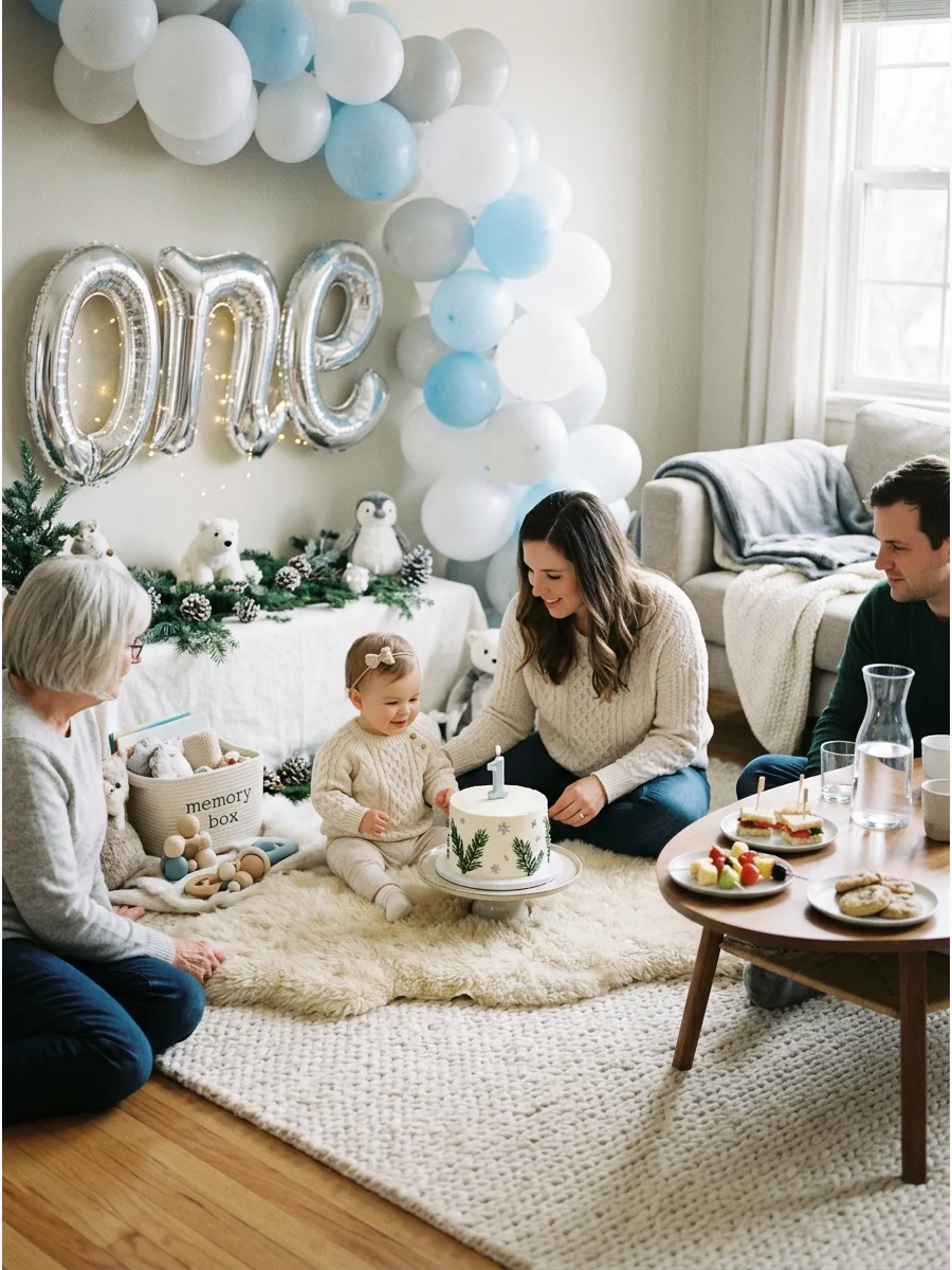 A small family gathering in a living room decorated for a first birthday.