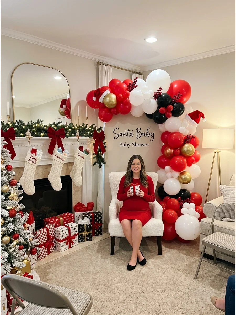 A living room decorated for a Santa Baby shower with red stockings and a balloon arch.