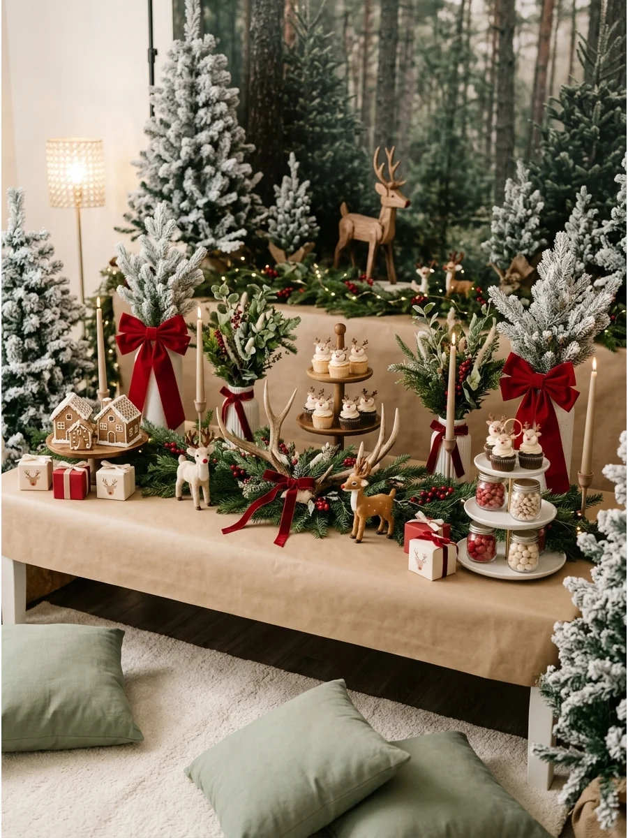 A sweet reindeer themed baby shower setup in a photo studio.