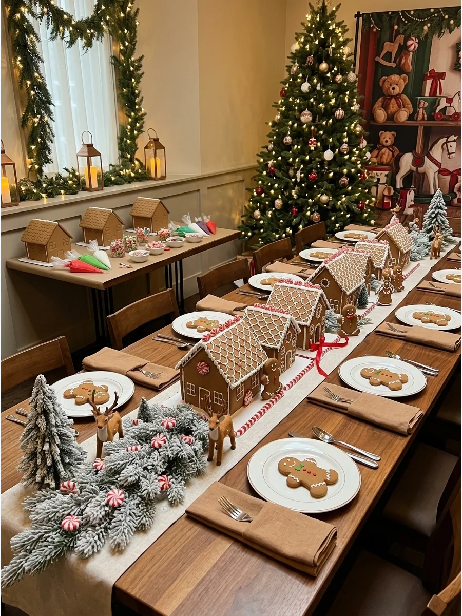 A gingerbread themed baby shower table with miniature houses and brown decor.