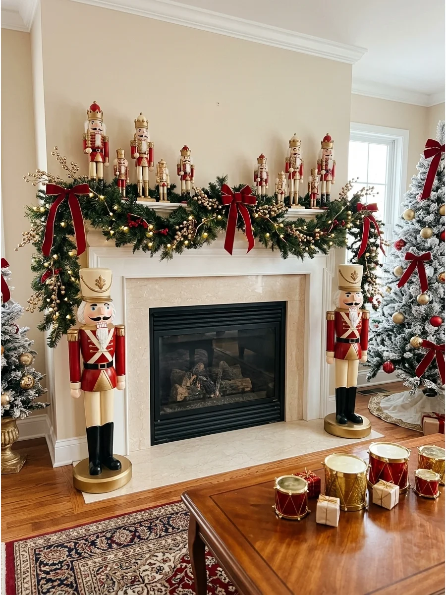 Nutcracker baby shower theme with toy soldiers and fireplace decor.