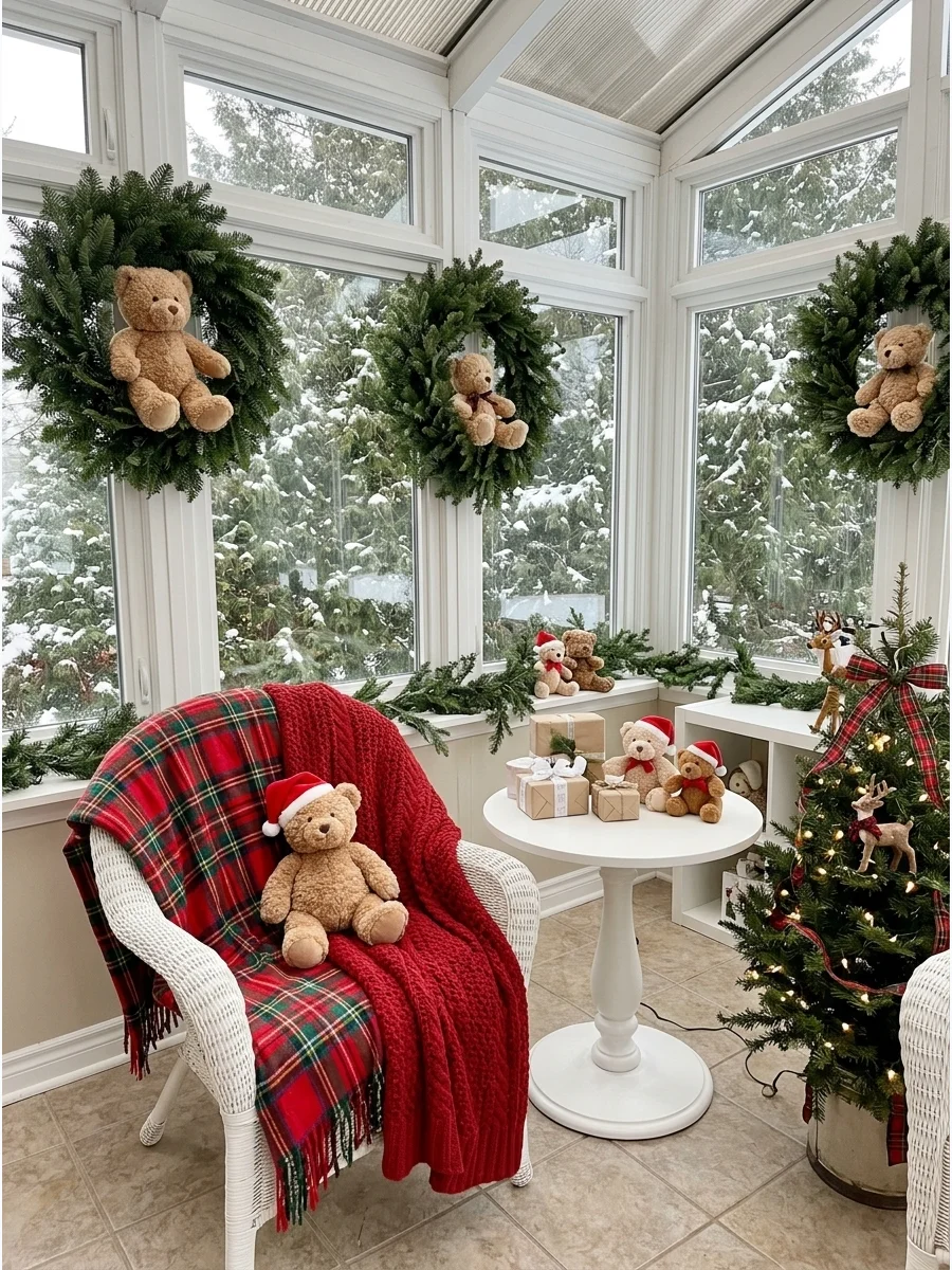 Teddy bear baby shower with Santa hats and plaid blankets.