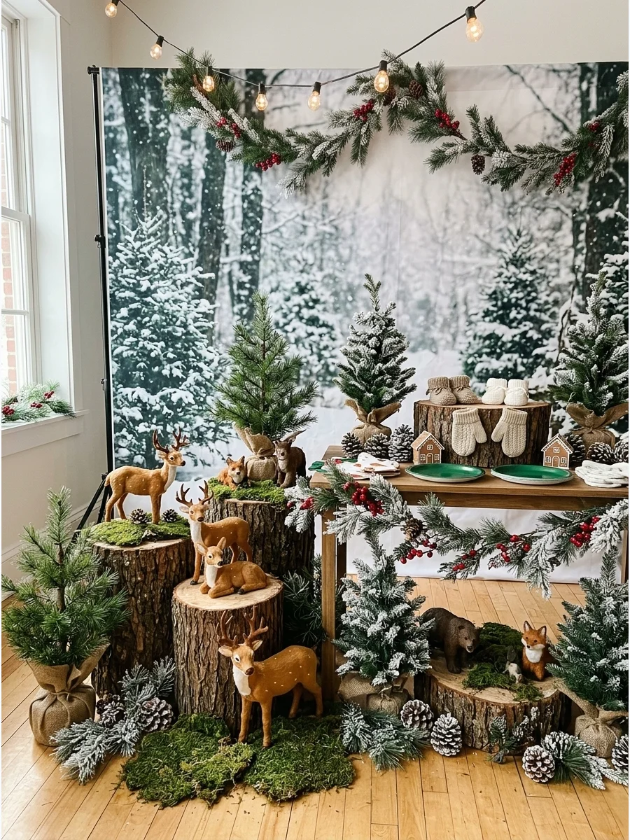 Woodland baby shower theme with deer and snowy pine branches.
