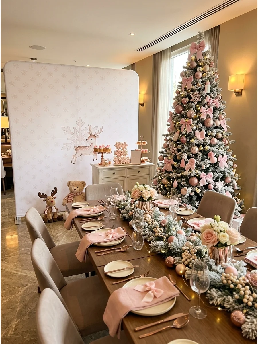 Pink Christmas baby shower with blush ornaments and rose gold accents.