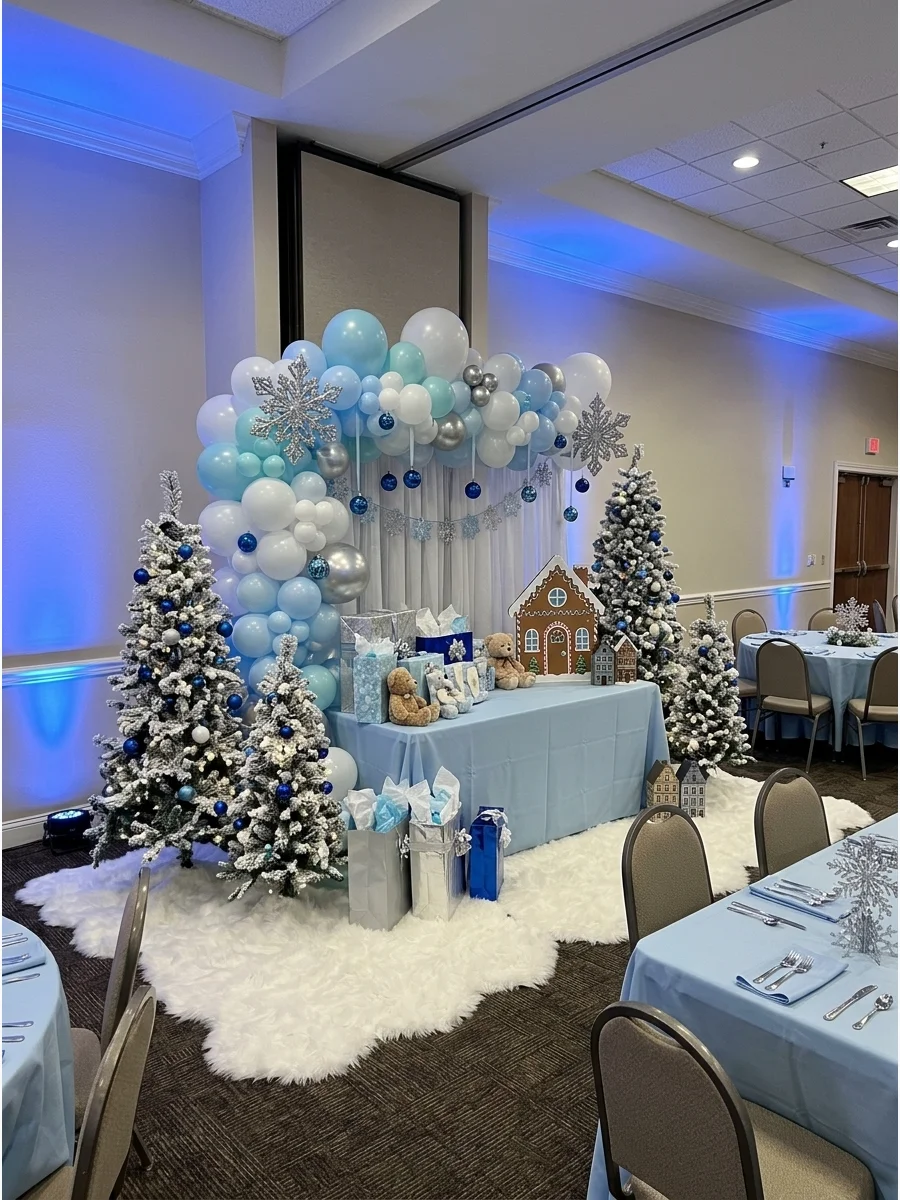 Blue Christmas baby shower with silver snowflakes and icy tones.