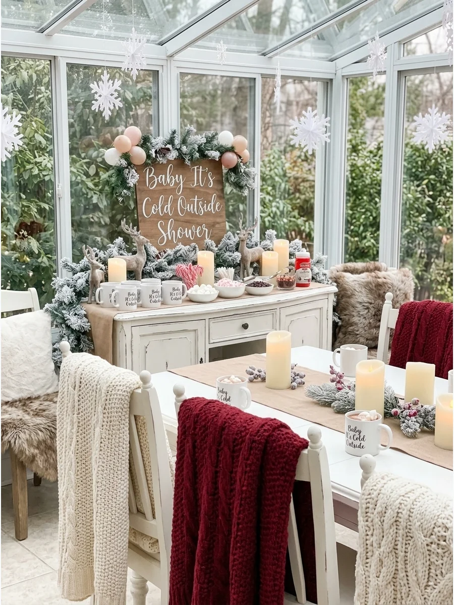 A cozy sunroom setup for a baby shower with snowflakes and a hot cocoa bar.