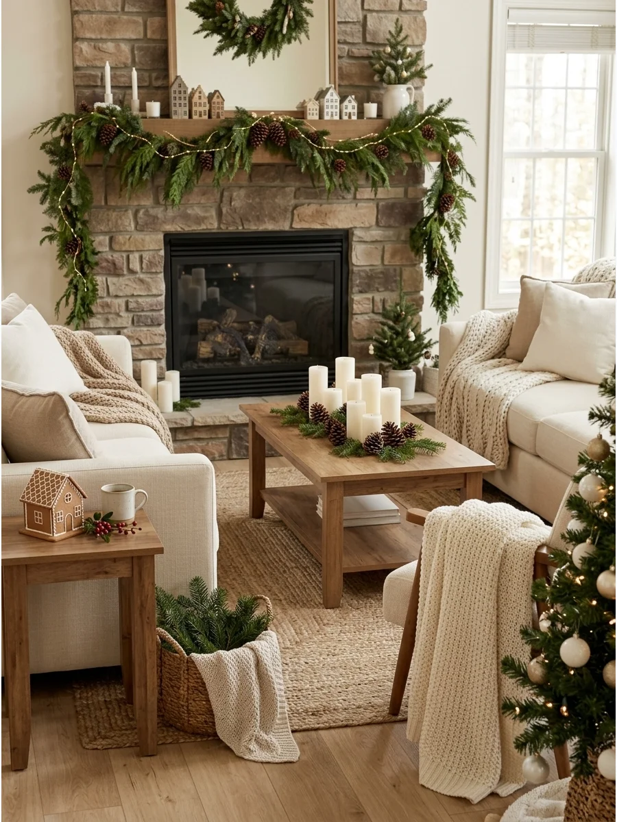A neutral-toned living room decorated with cream blankets and greenery for a baby shower.