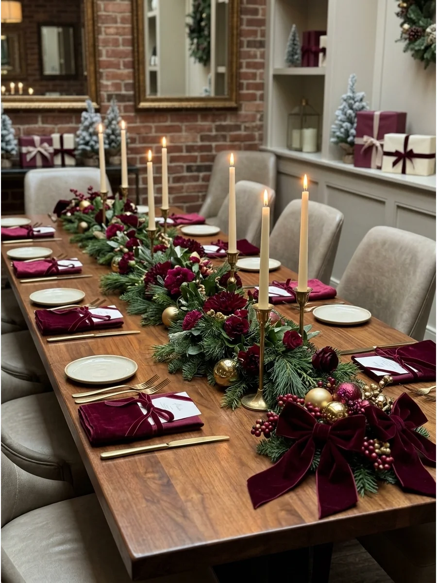A formal dining table with burgundy linens and evergreen decor.