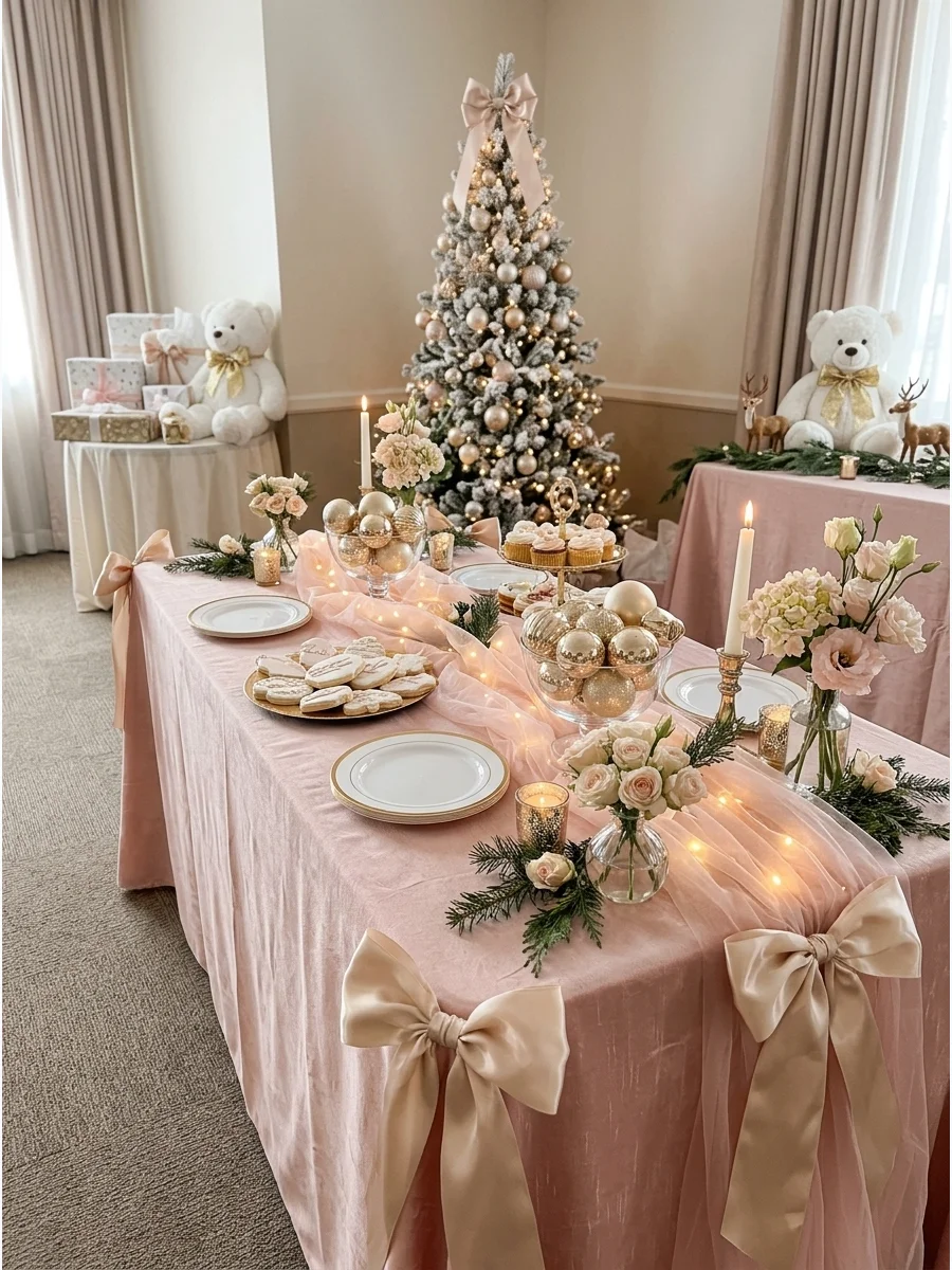 A blush pink and gold dessert table with festive ornaments.