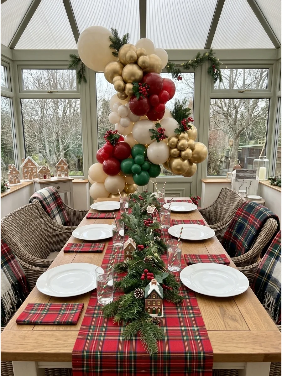 A sunroom dining setup featuring a red and green plaid table runner.