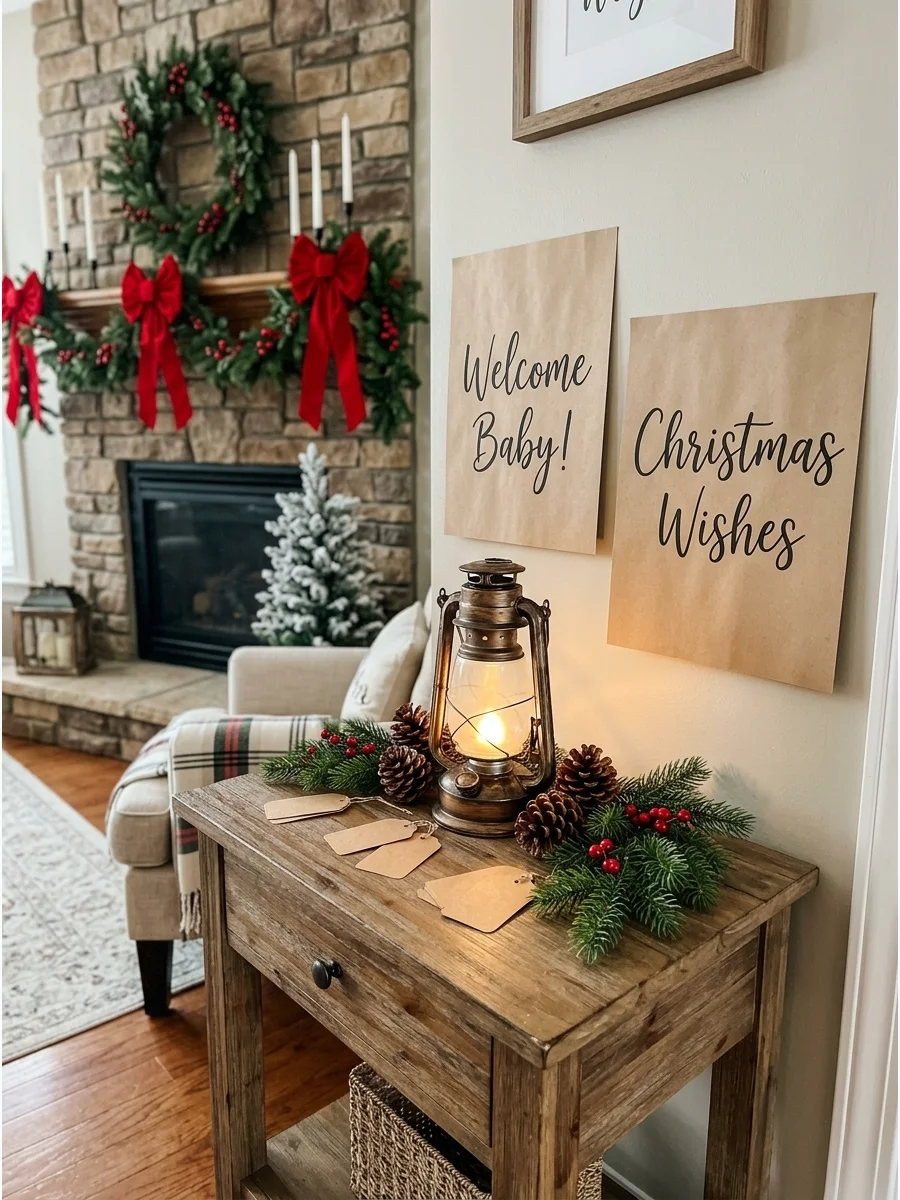 Rustic holiday decor with lanterns and pinecones on a wooden table.
