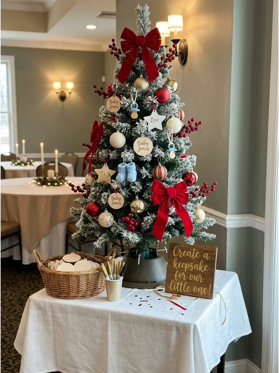 A small Christmas tree decorated with baby-themed items.